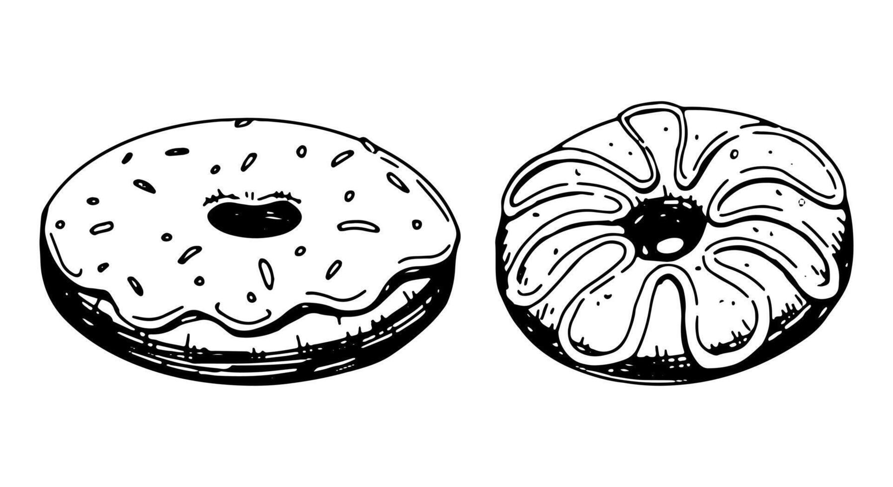 Set of donut sketches. Collection of sweet food, desserts. Hand drawn vector illustration in retro style. Outline cliparts isolated on white background.