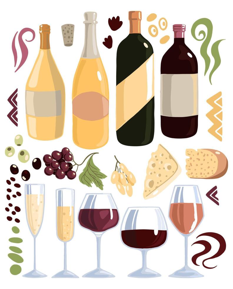 Wine bottles, glasses, cheese, grapes, olives, abstract shapes. Collection of flat hand drawn vector illustrations. Colorful elements in scandinavian style. Set for design, print, decor, card, sticker