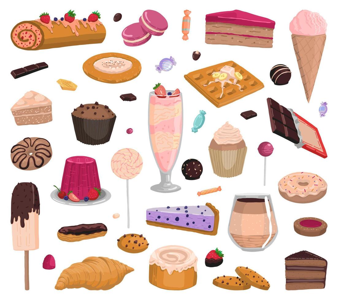 conjunto de dulce comida garabatos colección de variado delicioso postres mano dibujado vector ilustración en plano estilo. dibujos animados clipart aislado en blanco antecedentes.