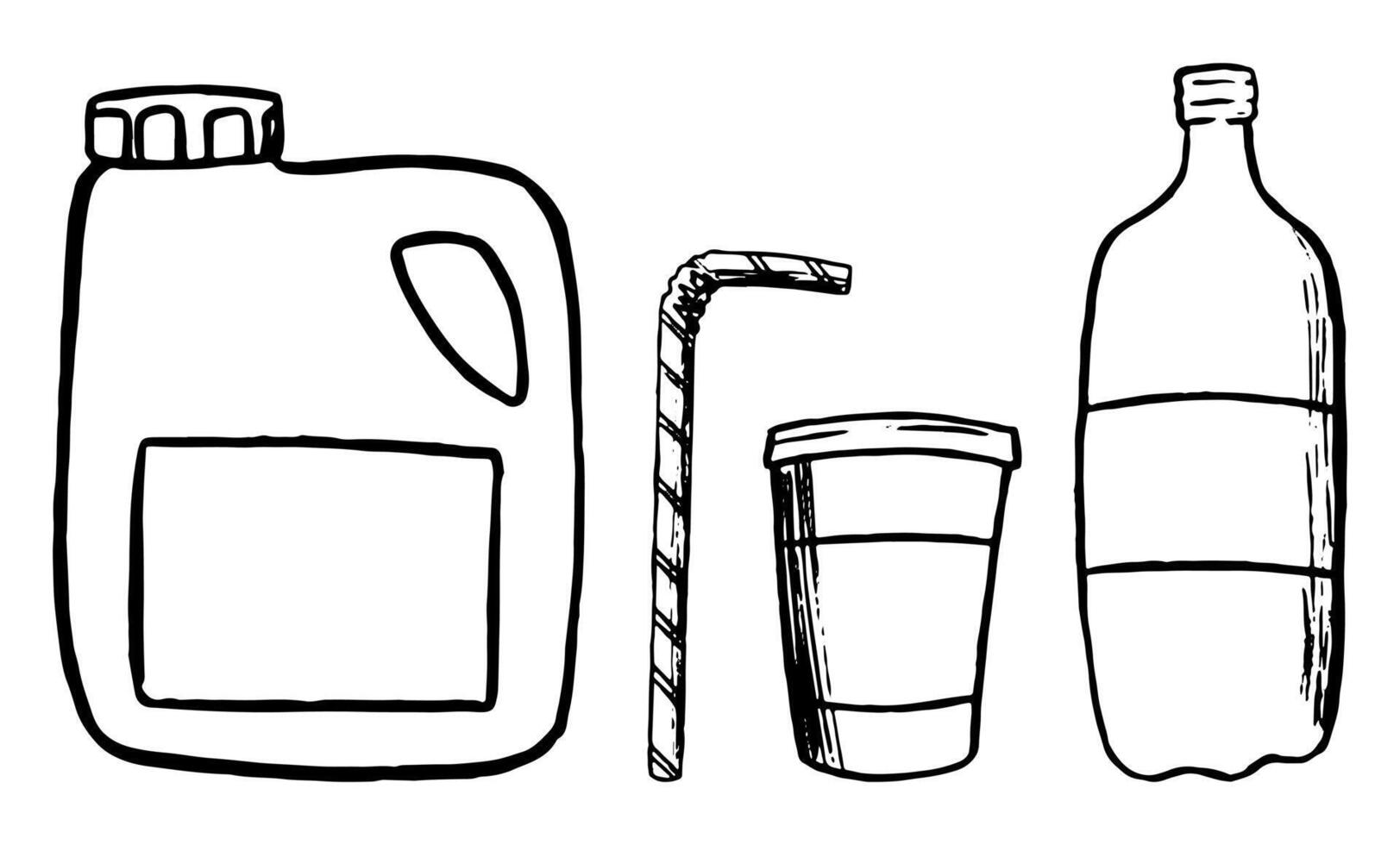 conjunto de el plastico frasco, botella, paja, papel taza. mano dibujado vector ecología ilustración. negro bosquejo dibujo aislado en blanco. garabatos elemento para diseño, imprimir, tarjeta, póster, pegatina, bandera.