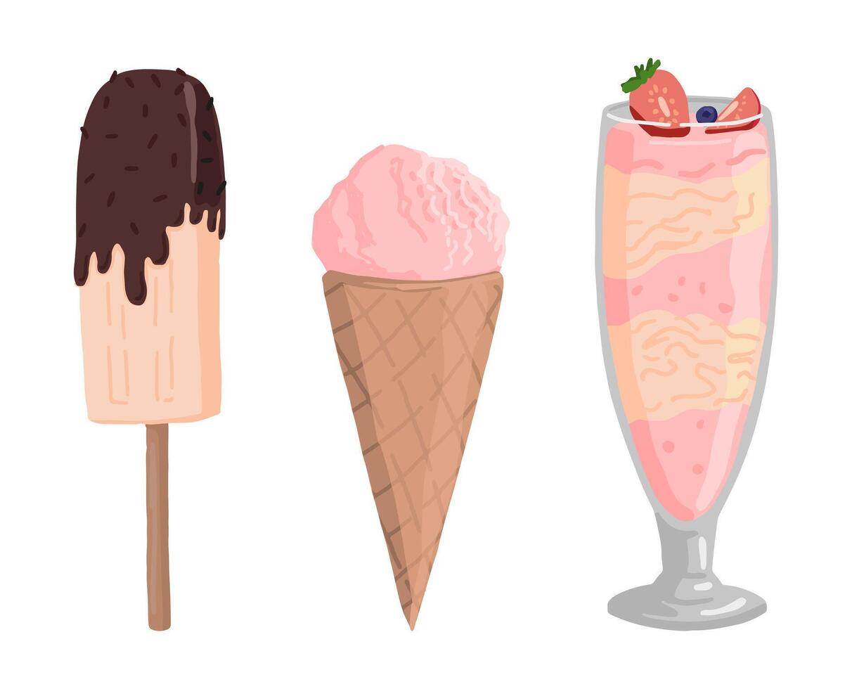 Set of ice cream doodles. Collection of sweet food, desserts. Hand drawn vector illustration in flat style. Cartoon cliparts isolated on white background.