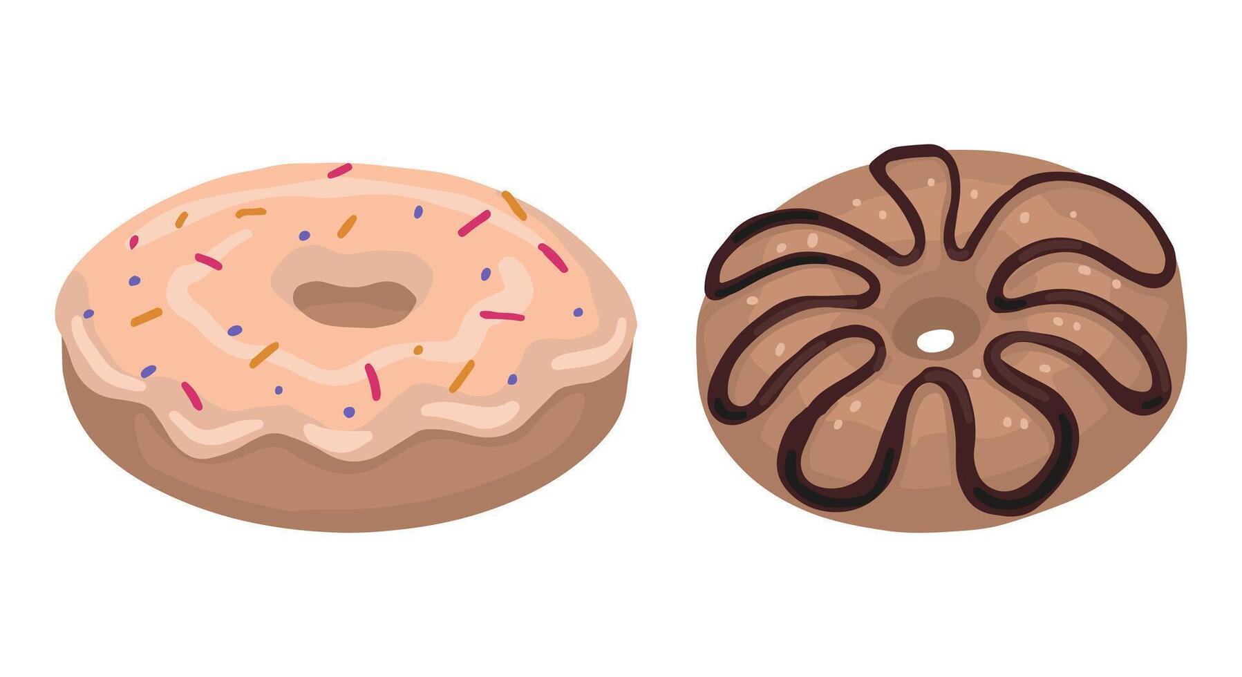 Set of donut doodles. Collection of sweet food, desserts. Hand drawn vector illustration in flat style. Cartoon cliparts isolated on white background.