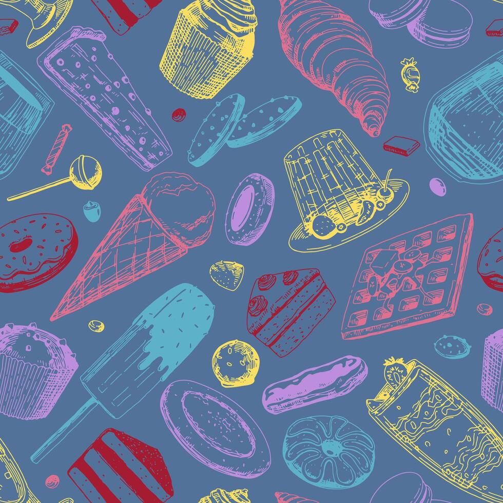 Sweet food seamless pattern. Ornament of varied delicious desserts. Vector illustration in sketch style. Retro design for wallpaper, decor, wrap, background.