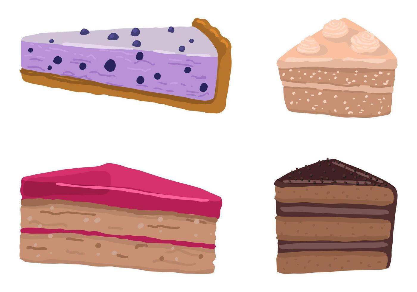 Set of cakes doodles. Collection of sweet food, desserts. Hand drawn vector illustration in flat style. Cartoon cliparts isolated on white background.