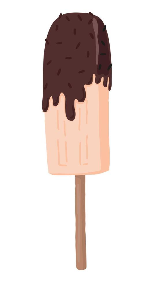 Chocolate ice cream on a stick. Single doodle of sweet food, dessert. Hand drawn vector illustration in flat style. Cartoon clipart isolated on white background.