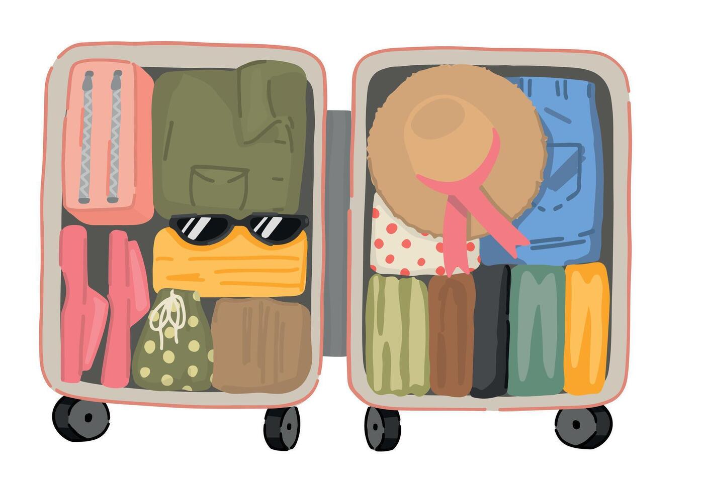 Doodle of opened suitcase full of things. Clipart of travel baggage, luggage, trip attribute. Cartoon vector illustration isolated on white.