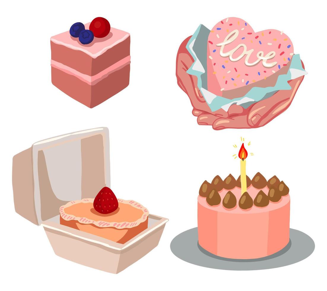 conjunto de almuerzo caja pasteles colección de dulce pequeño postres dibujos animados clipart aislado en blanco antecedentes. lindo, romántico, sabroso fiesta presente. vector ilustración en moderno estilo.