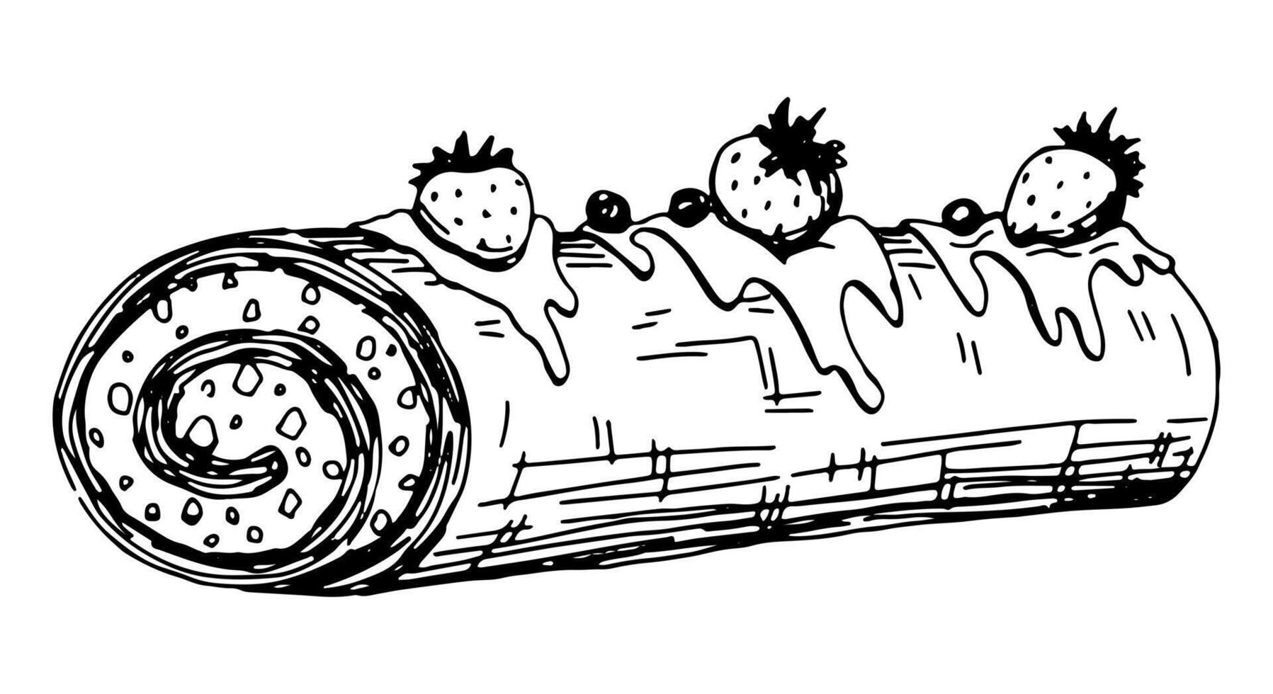 Strawberry roll, pastry dessert sketch. Hand drawn vector illustration in retro style. Single sweet food doodle. Outline clipart isolated on white background.