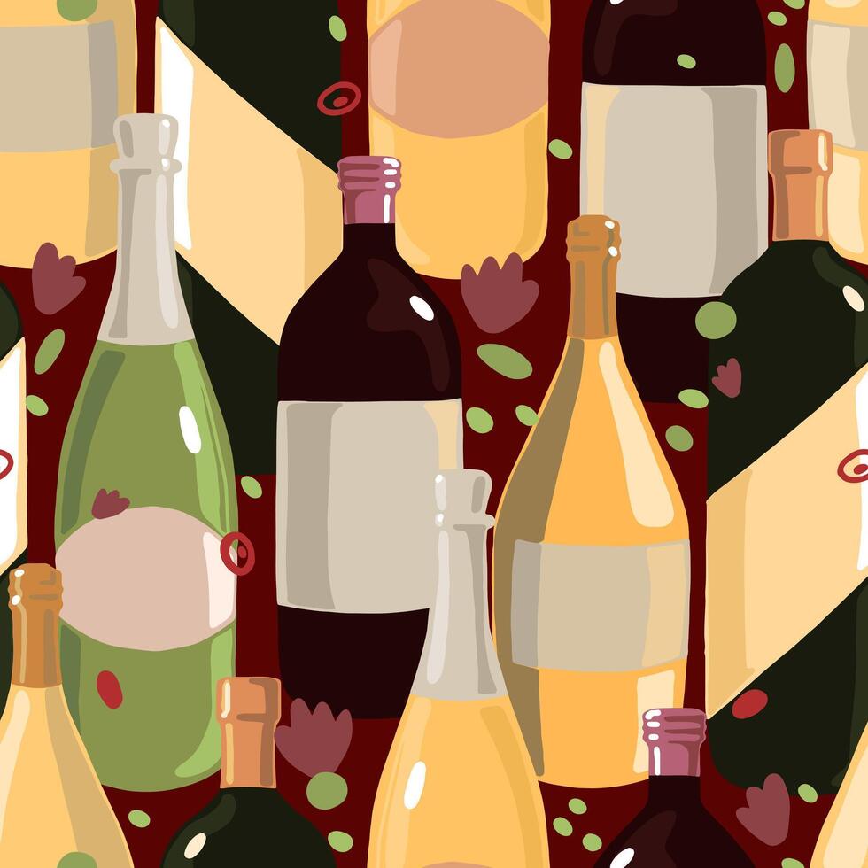 Wine bottles and abstract shapes. Hand drawn vector seamless pattern. Colorful flat background with alcoholic beverages in scandinavian style. Design for print, decor, wallpaper, fabric, textile, wrap