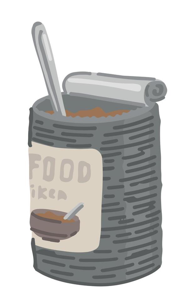 Canned food doodle. Clipart of preserve, camping nourishment. Cartoon vector illustration isolated on white.
