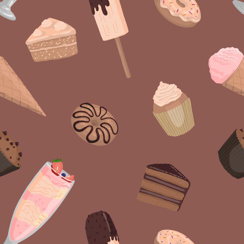 Sweet food seamless pattern. Ornament of varied delicious desserts. Vector illustration in flat style. Cartoon design for wallpaper, decor, wrap, background.
