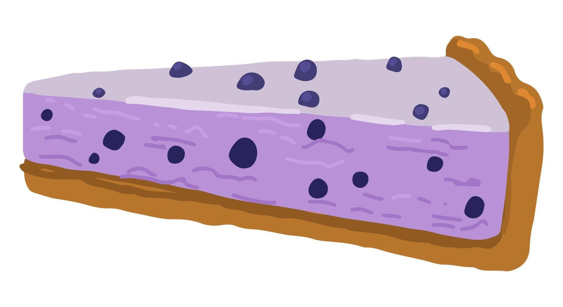 Piece of blueberry cheesecake. Single doodle of sweet food, dessert. Hand drawn vector illustration in flat style. Cartoon clipart isolated on white background.