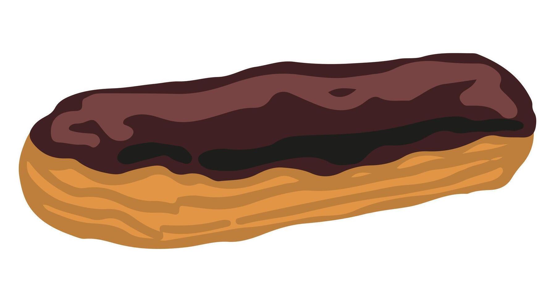 Chocolate eclair. Single doodle of sweet food, dessert. Hand drawn vector illustration in flat style. Cartoon clipart isolated on white background.