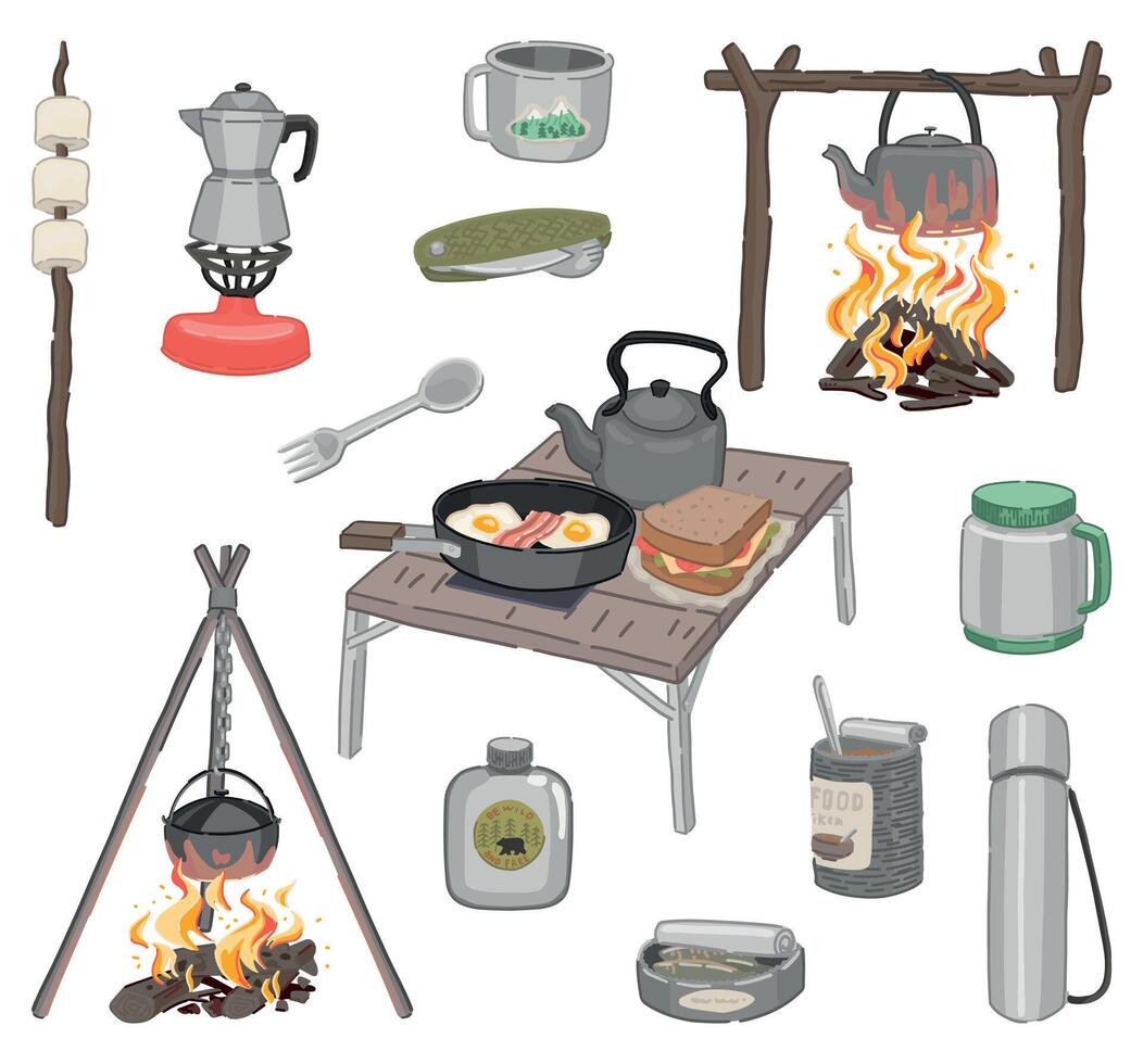 Camping kitchen doodles collection. Set of outdoor kitchenware, campfire supplies. Vector illustration in cartoon style isolated on white.