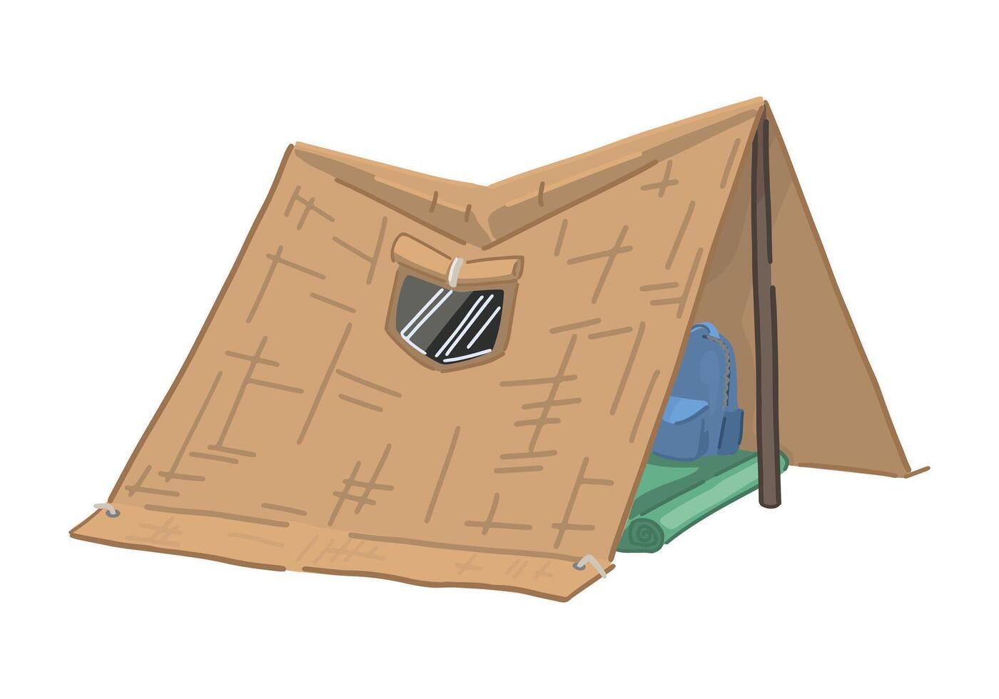 Tourist tent doodle. Clipart of hiking equipment, travel attribute. Cartoon vector illustration isolated on white.