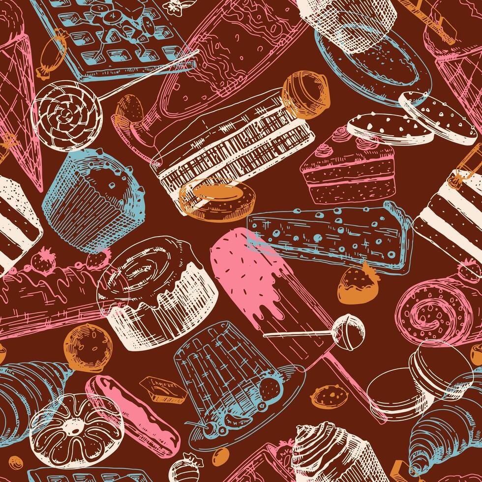 Sweet food seamless pattern. Ornament of varied delicious desserts. Vector illustration in sketch style. Retro design for wallpaper, decor, wrap, background.