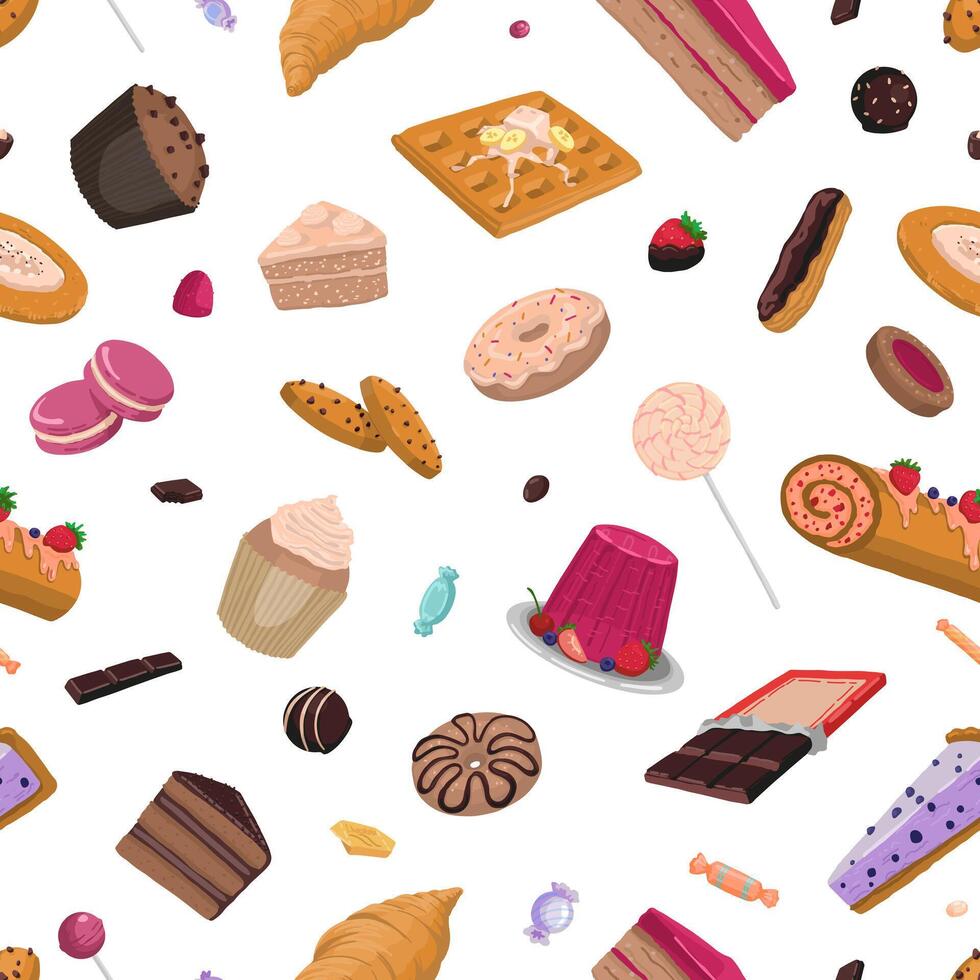 dulce comida sin costura modelo. ornamento de variado delicioso postres vector ilustración en plano estilo. dibujos animados diseño para fondo de pantalla, decoración, envoltura, antecedentes.