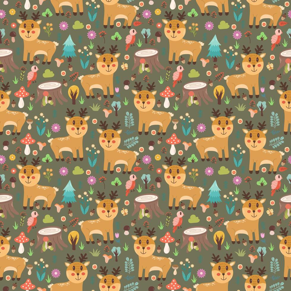 Seamless pattern of deer in the forest. Vector illustration