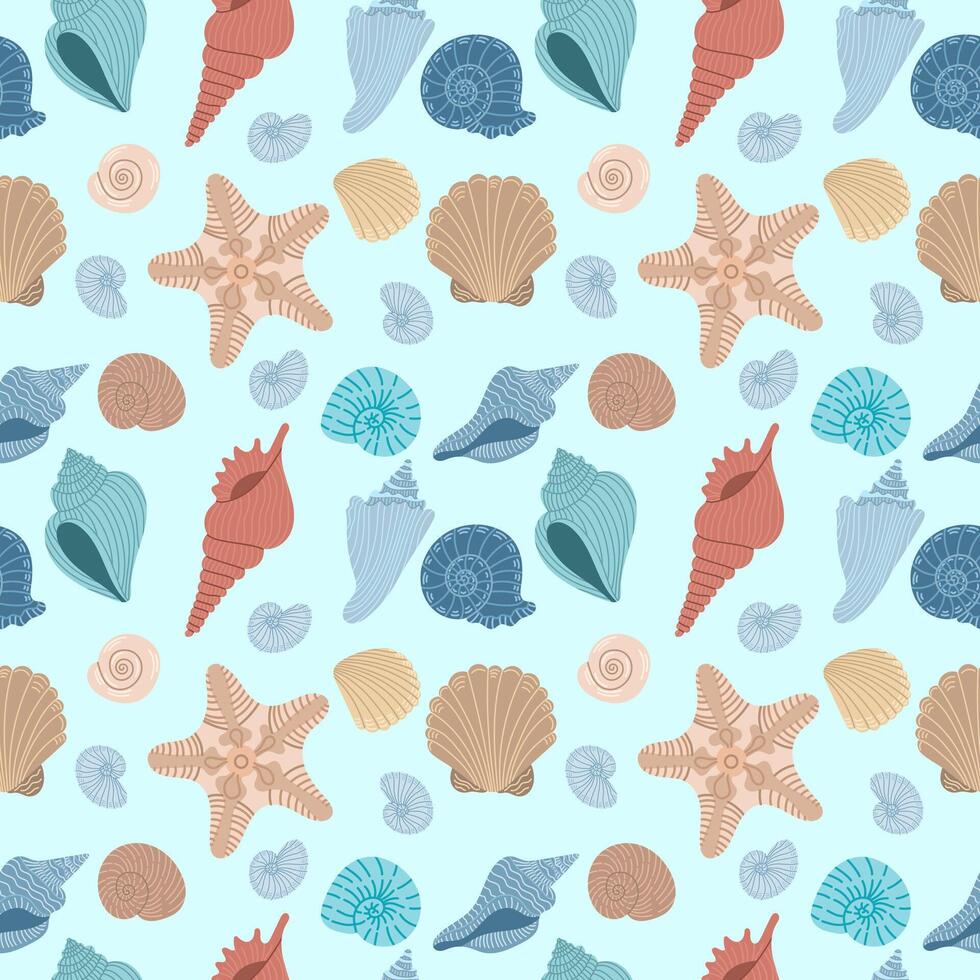 Seamless pattern with different sea shells on a light blue background. Flat vector