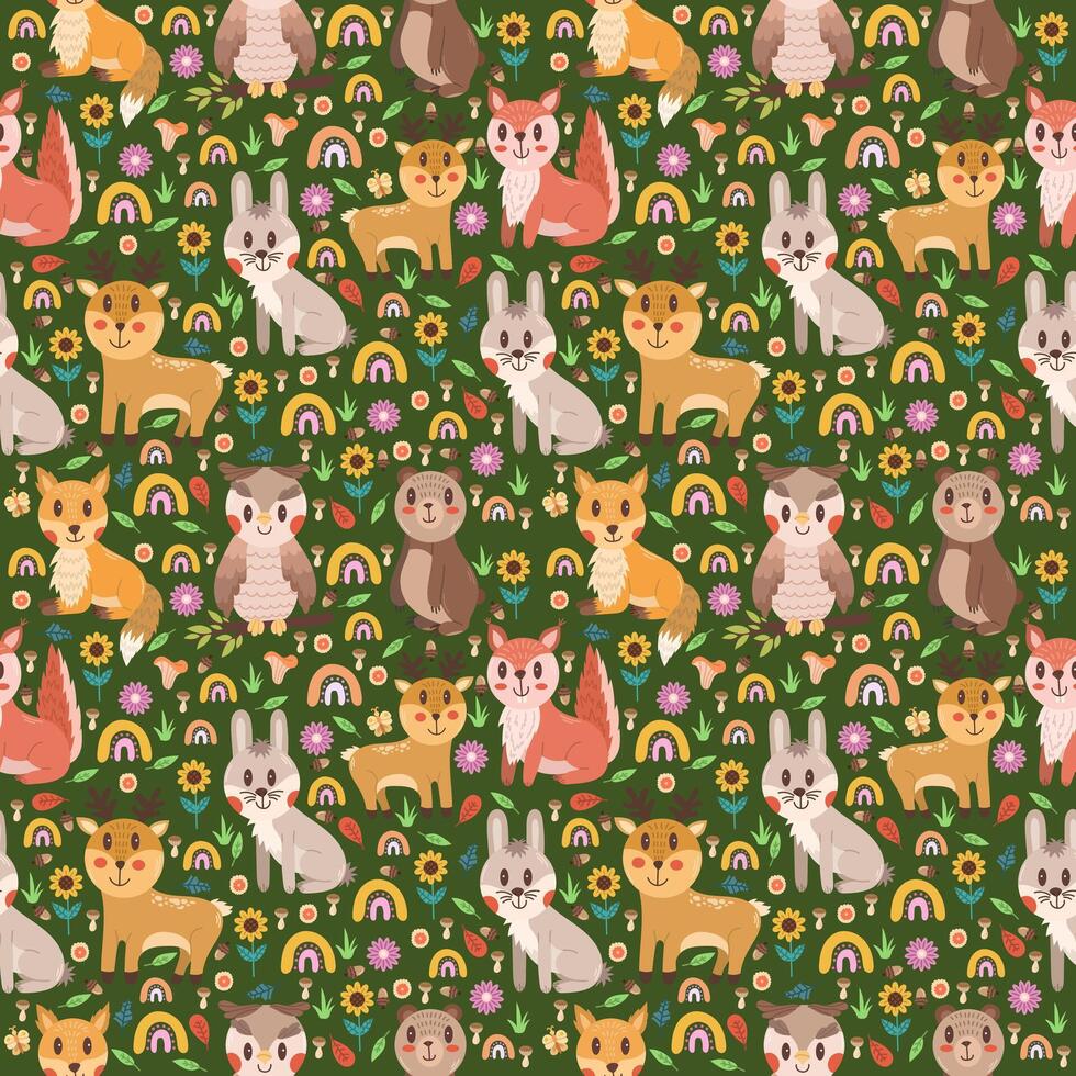 Seamless vector design pattern with different childish cute animals and boho rainbows on a dark background
