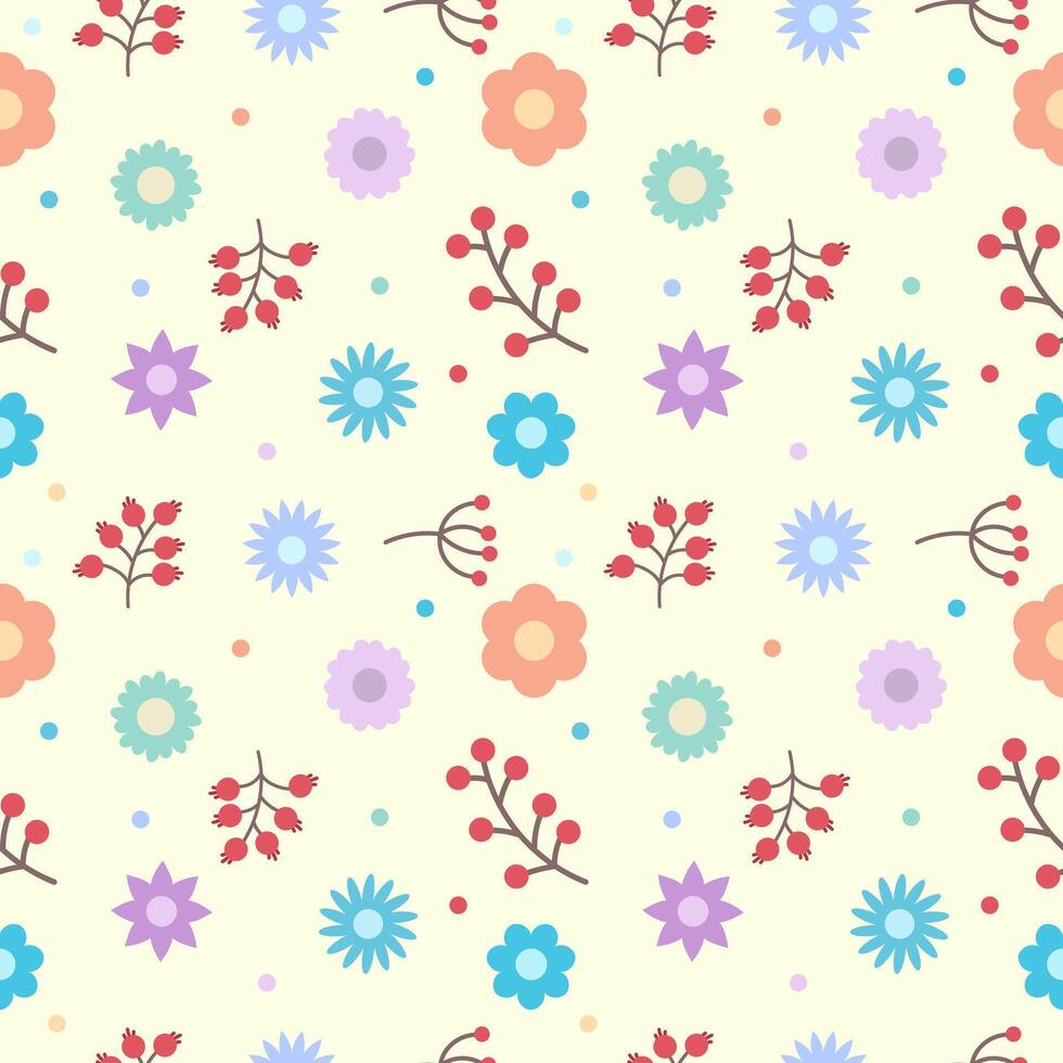 Seamless pattern with branches of berries, flowers and a small polka dot on a light background, vector