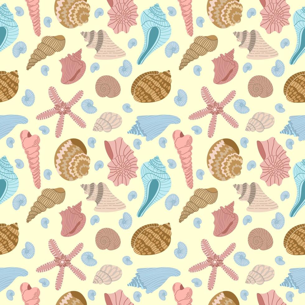 Multi-colored shells seamless pattern on a light yellow background. Good for prints, designs, clothing and other projects vector