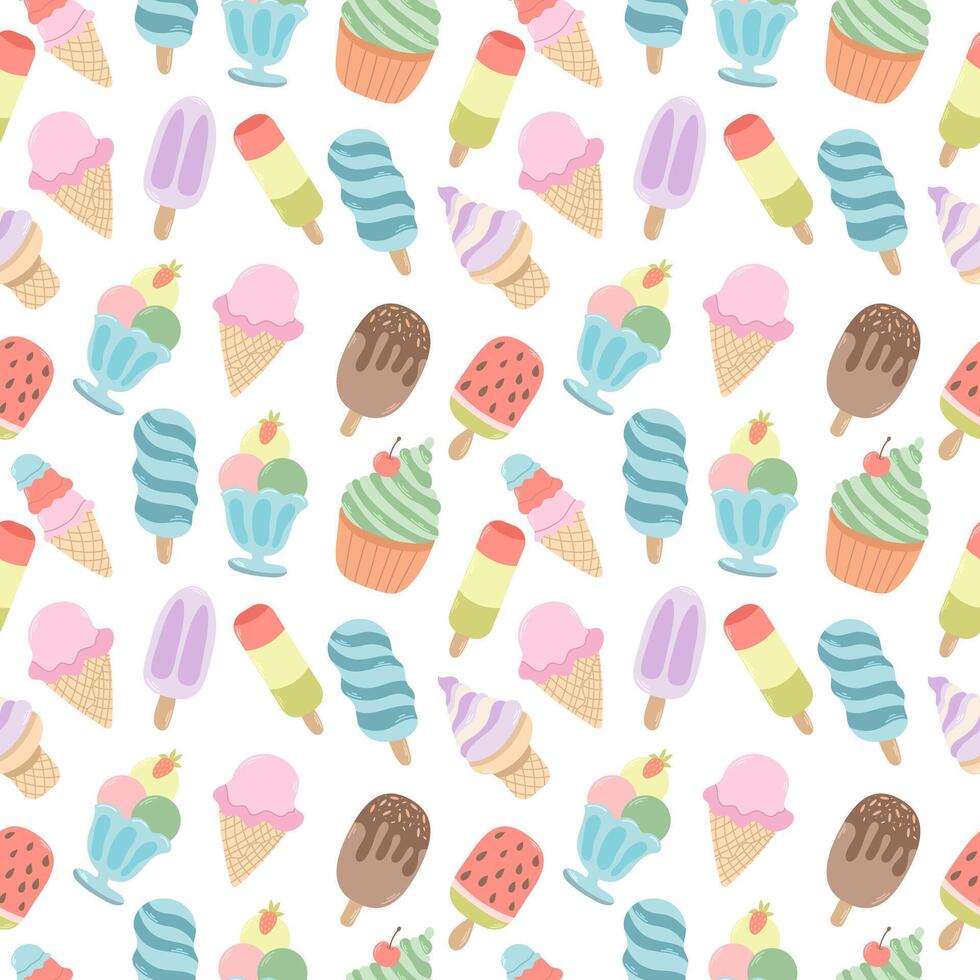 Seamless pattern with ice cream on a white background. Vector summer background