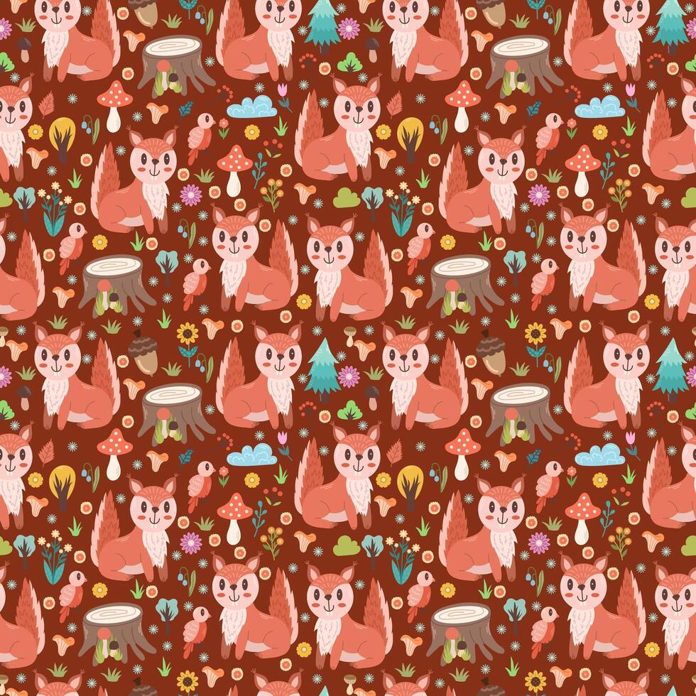 Seamless pattern with squirrel, forest elements - trees, flowers and on a dark background. Vector illustration, background color can be changed
