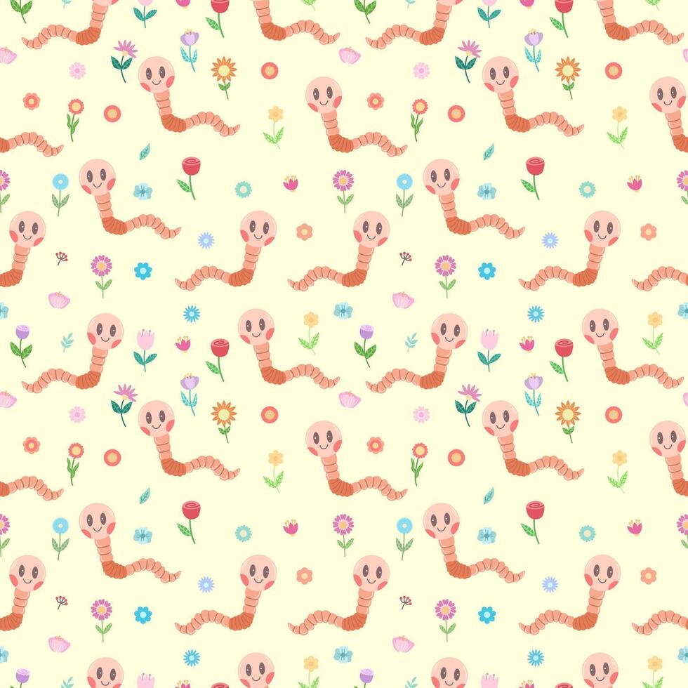 Seamless vector pattern with cute cartoon worms on a light background