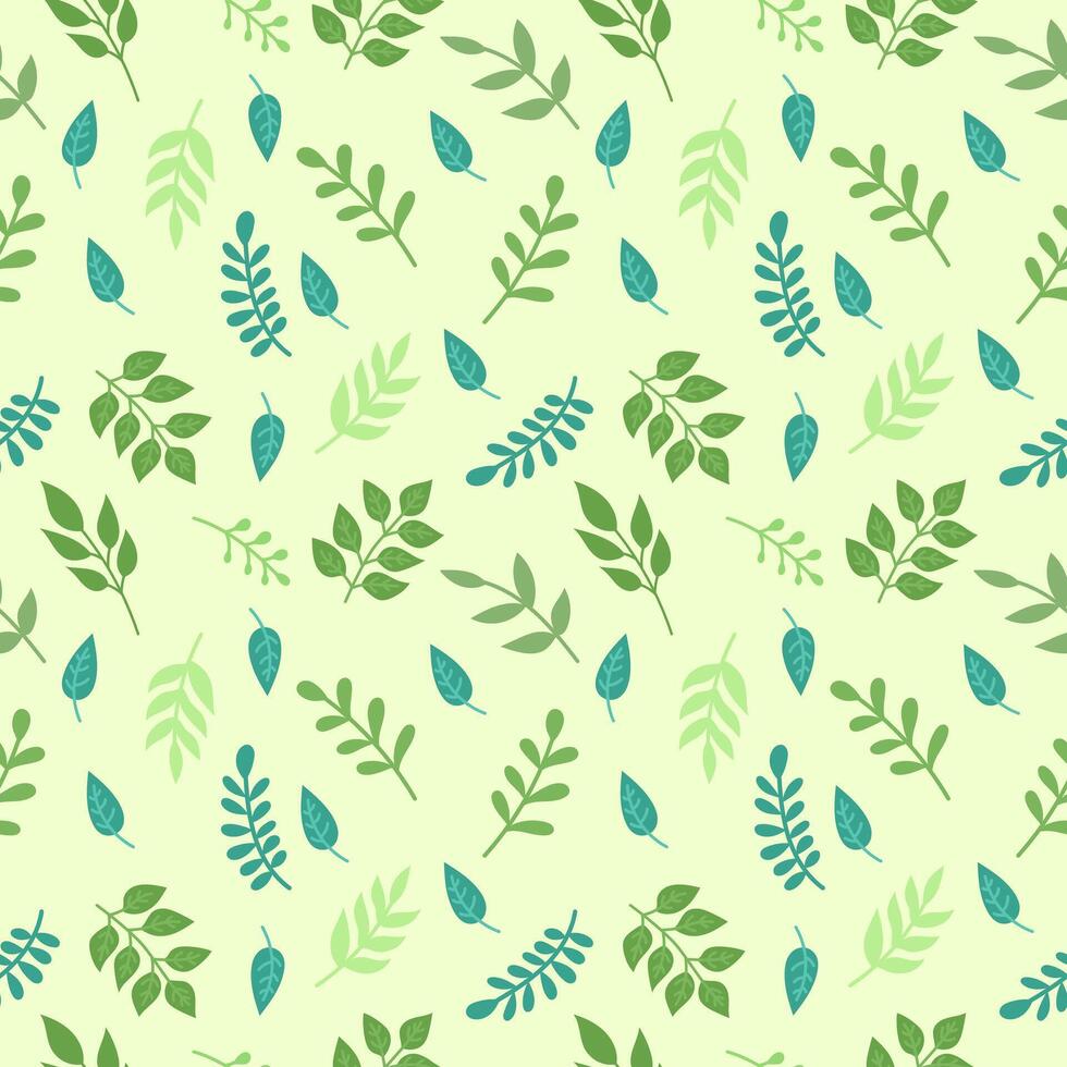 Seamless pattern with green leaves on a light green background. Vector wallpaper.