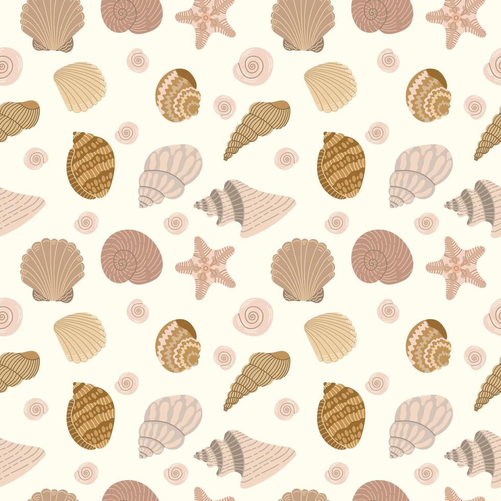 Seamless pattern with beige flat shells on a light background. Summer wallpaper or print vector