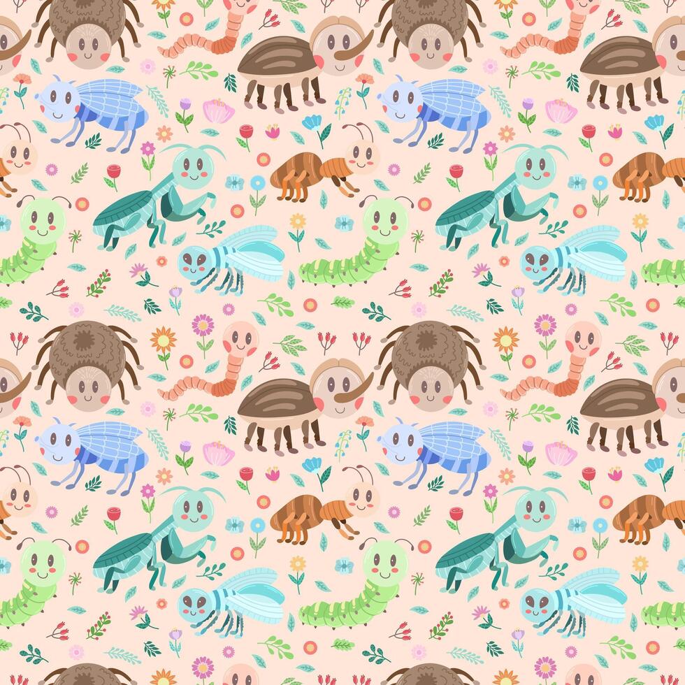 Seamless modern pattern with different cute insects. Vector ornament