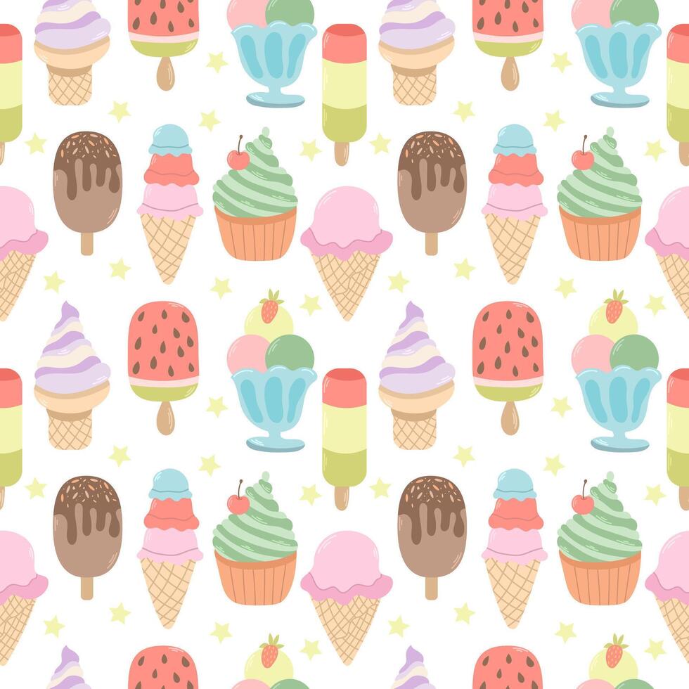 Seamless pattern with different flat vector ice creams. Summer print on white background