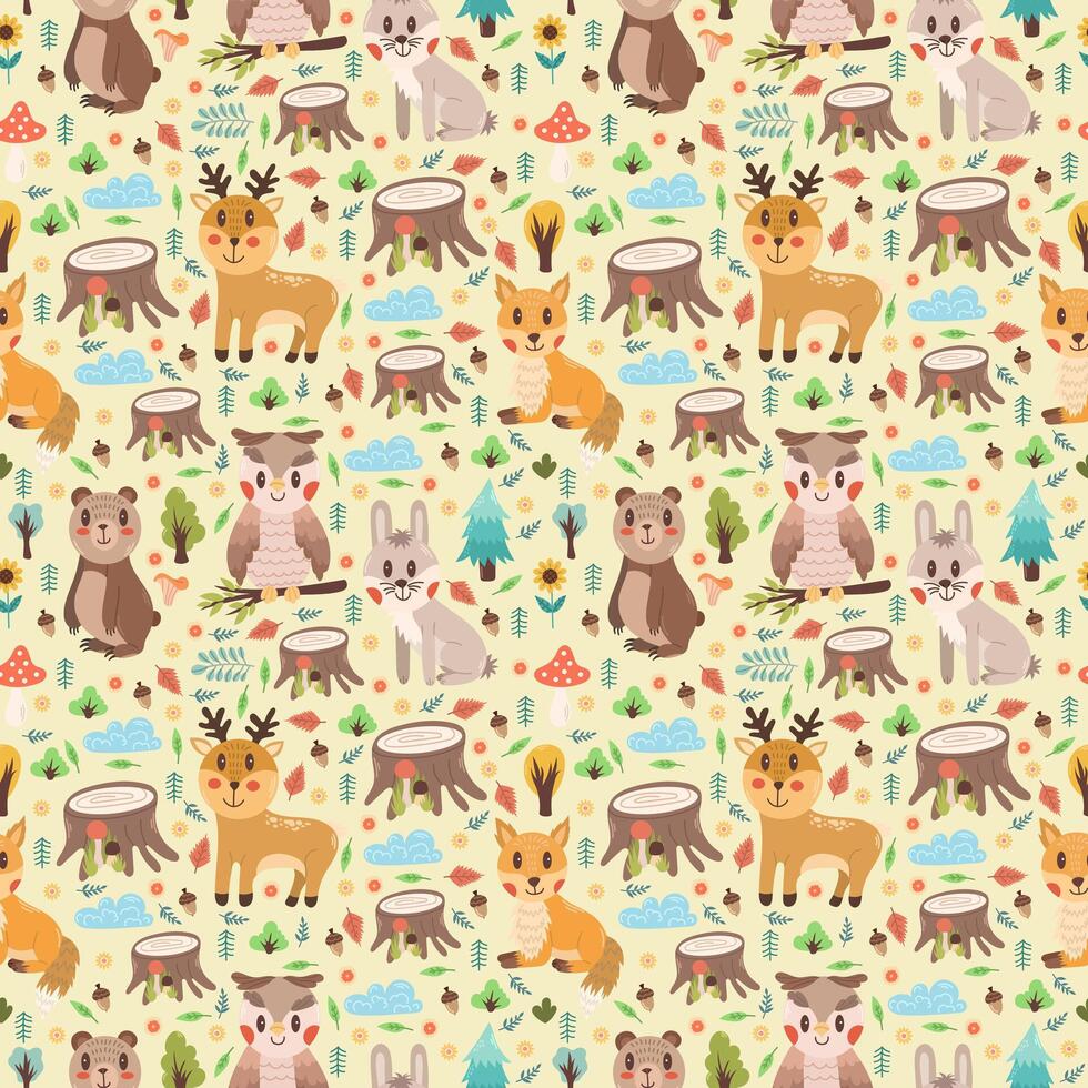 Seamless pattern with different cute animals on a light background, vector print design for your project