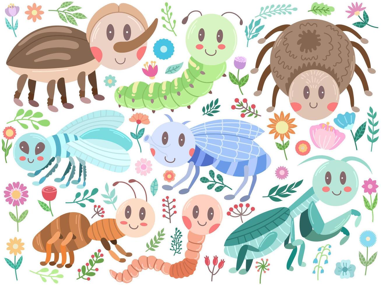 Large set with different baby insects, flowers and branches with leaves. Vector flat illustration