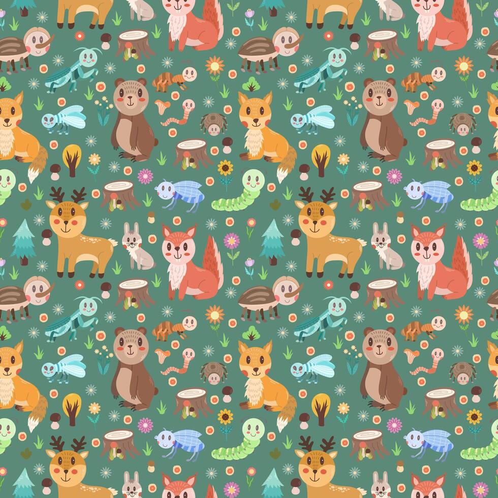 Seamless pattern with different wild forest animals and insects in the forest on a dark background. Children's vector illustration, editable
