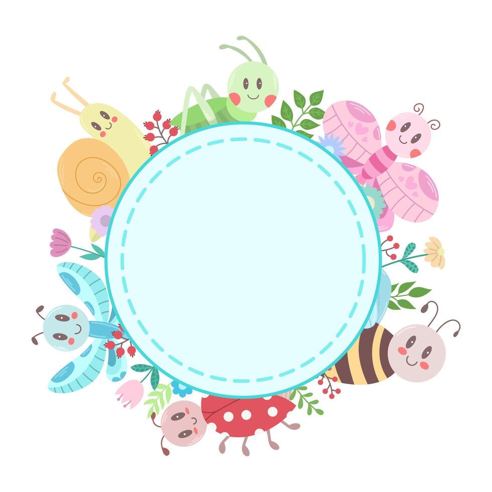 Round blue frame with different cute insects on a white background. Flowers and branches leaf. Vector illustration