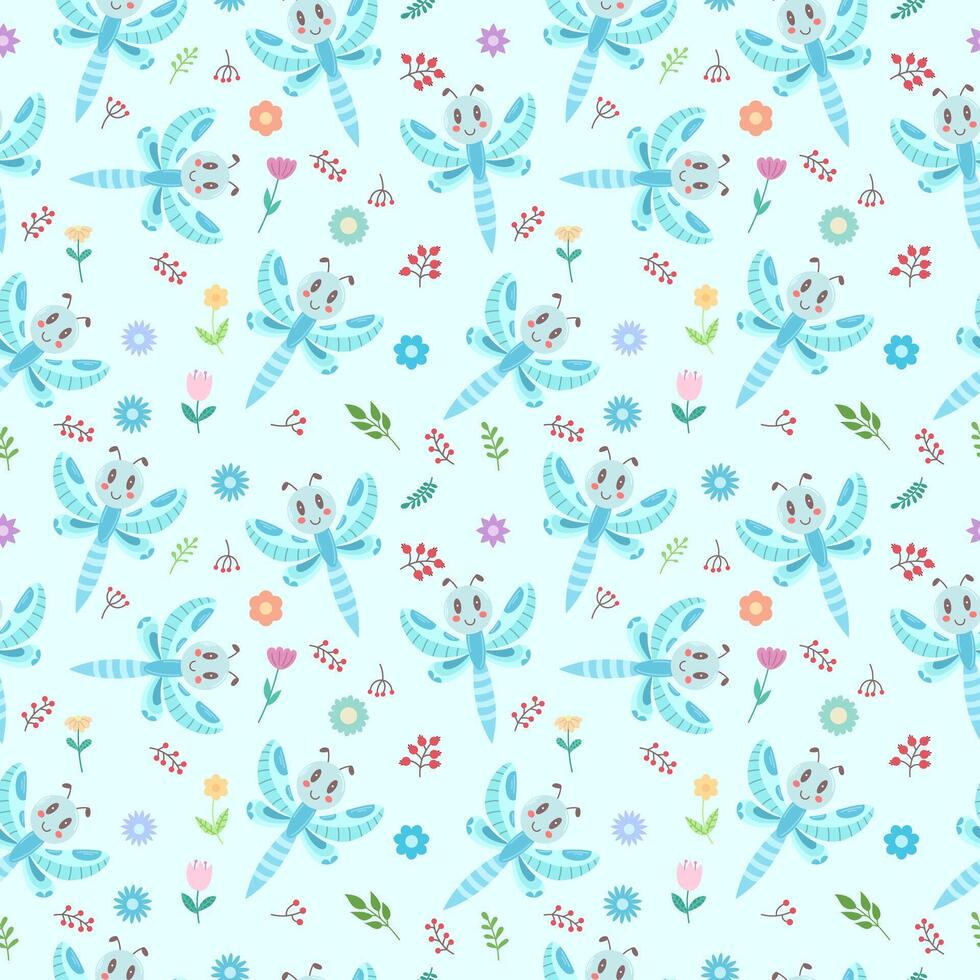 Cute pattern with children's dragonfly, flowers and leaves on a light blue background. Vector seamless design