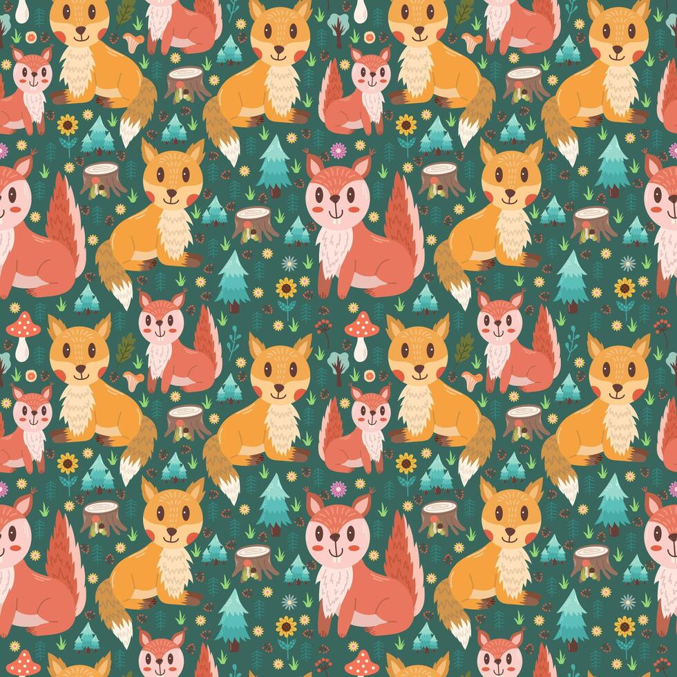 Seamless vector design with cute forest animals squirrel and fox on a green background. Forest illustration print.