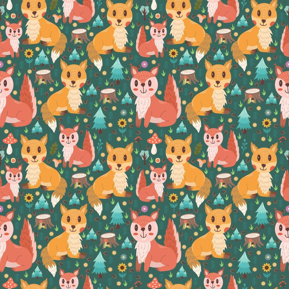 Seamless vector design with cute forest animals squirrel and fox on a green background. Forest illustration print.