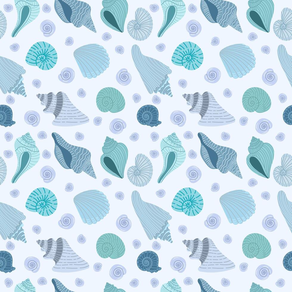 Light purple or blue seashells seamless pattern with on a light background. Summer ornament vector