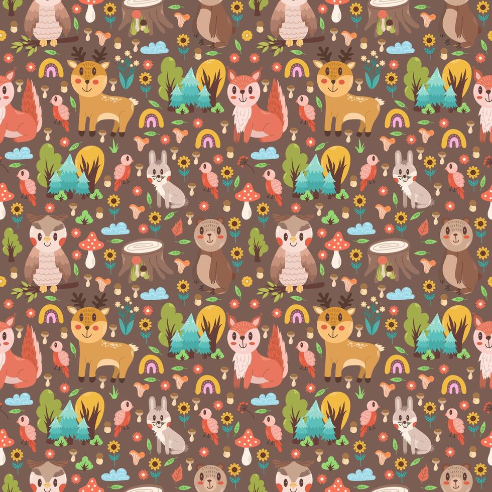 Seamless pattern with cute forest animals - squirrel, owl, bear, deer, hare on a brown background. Cute childish design for your projects vector