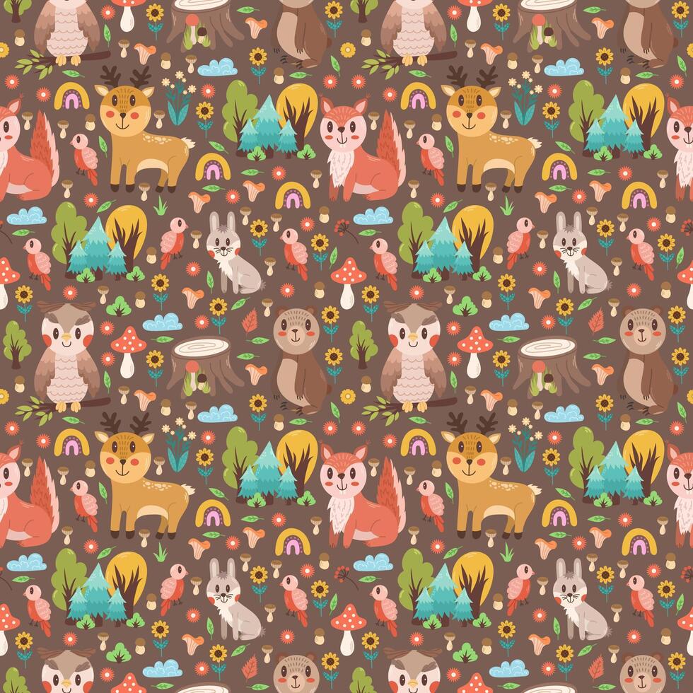 Seamless pattern with cute forest animals - squirrel, owl, bear, deer, hare on a brown background. Cute childish design for your projects vector