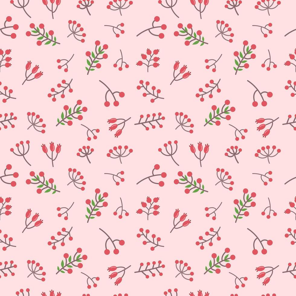 Seamless pattern with branch and red berries. Flat vector