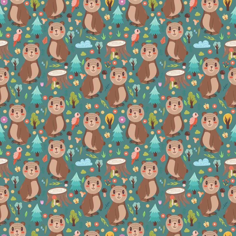 Seamless pattern with cute bears along with stump and mushrooms, leaves, trees and other forest elements. Vector illustration, background color can be changed