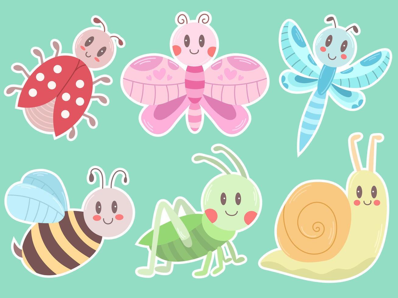 Set of kawaii stickers with insects. Vector illustration
