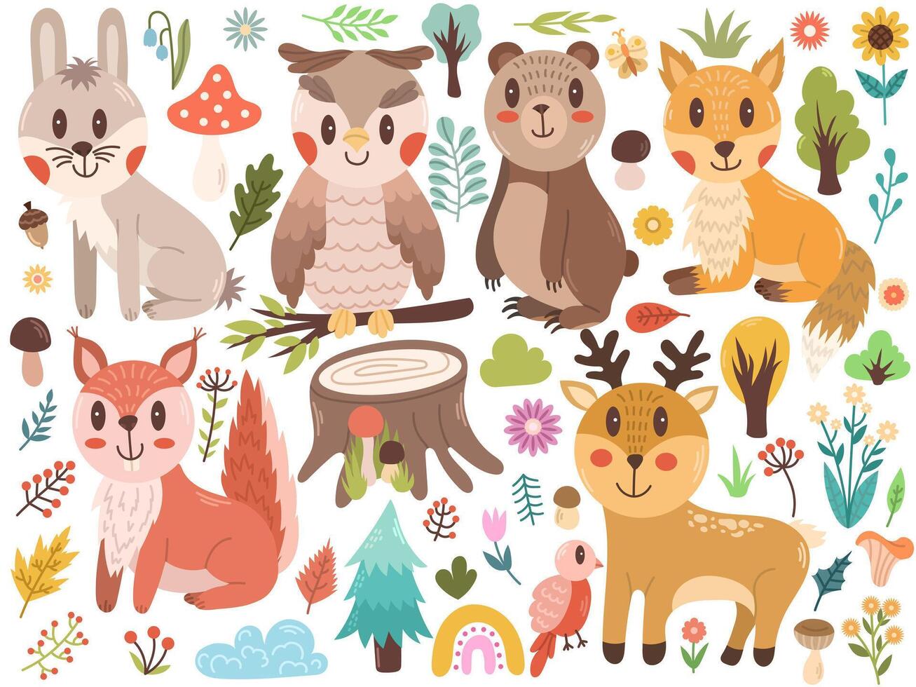 Vector set of forest animals - hare, owl, bear, fox, squirrel and deer. Cartoon cute character illustration