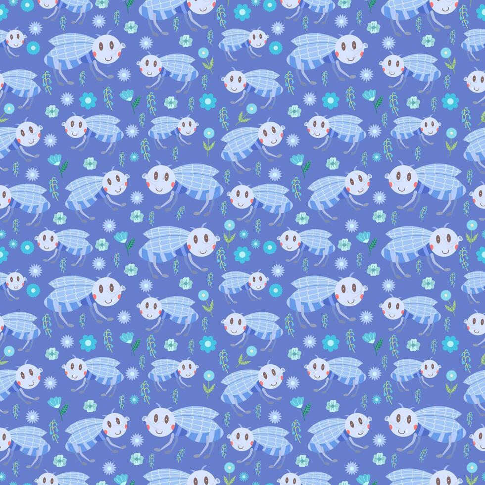 Seamless blue pattern with cute insect fly. Children's print, flat vector