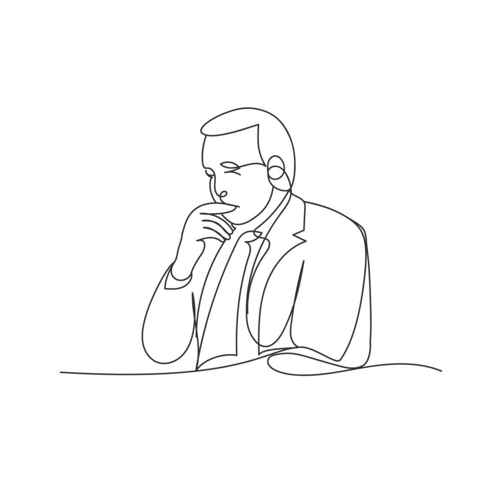 Man thinking gesture continuous one line shape art isolated vector illustration.