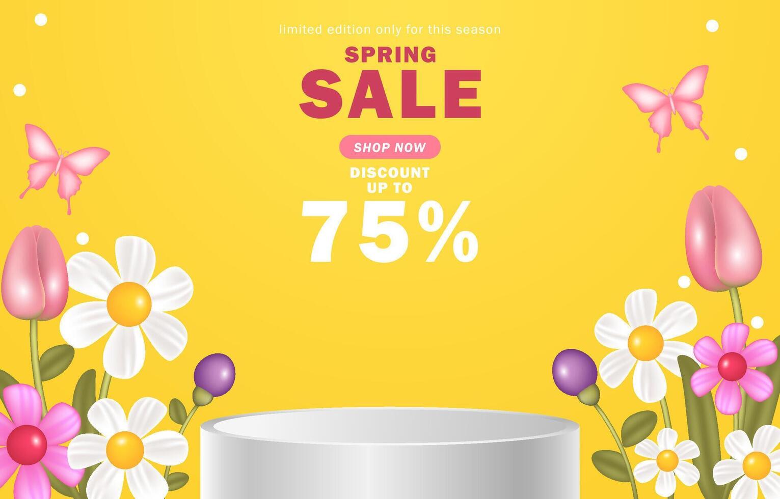 Spring sale banner with product display and flowers decoration for sale, poster, background vector